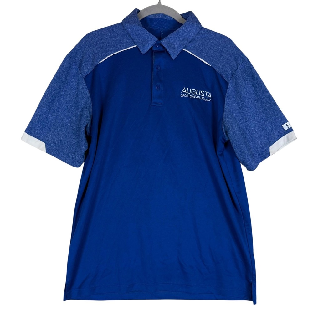 Russell Athletic Polo Shirt Mens Medium Blue Augusta Logo Colorblock Jersey